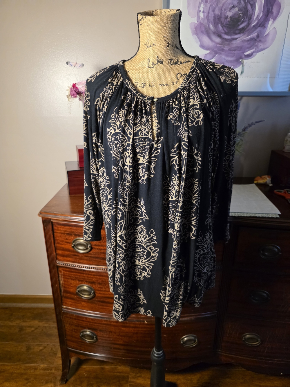 Lucky Brand Black Top with Cream Floral Prints